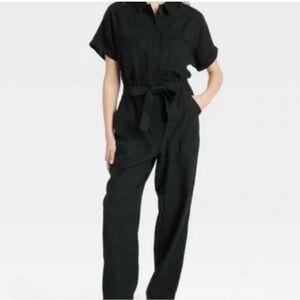 Women's Black Linen Jumpsuit with Waist Tie